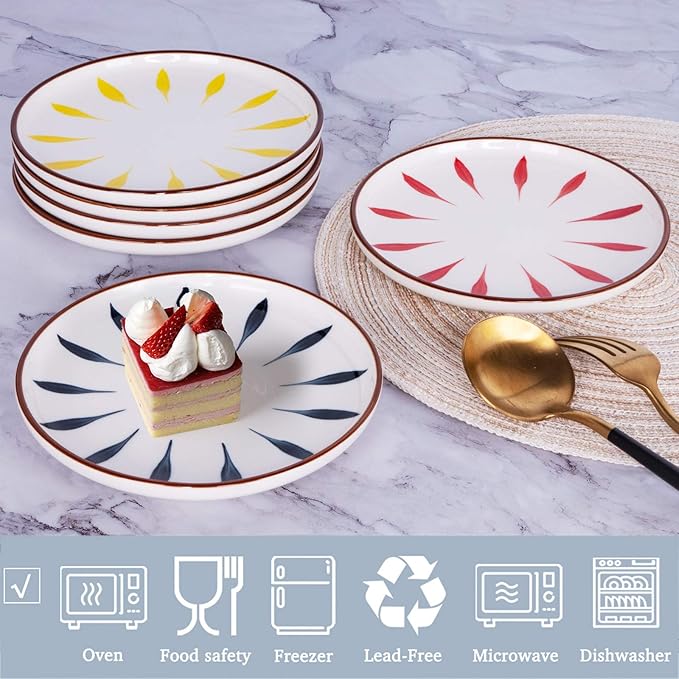 Aquiver 6'' Ceramic Dessert Plates - Color Painted Porcelain Appetizer Plates - Tea Party Small Serving Plates for Cake, Pie, Snacks, Ice Cream, Side Dish, Waffles - Set of 6 (3 Colors)