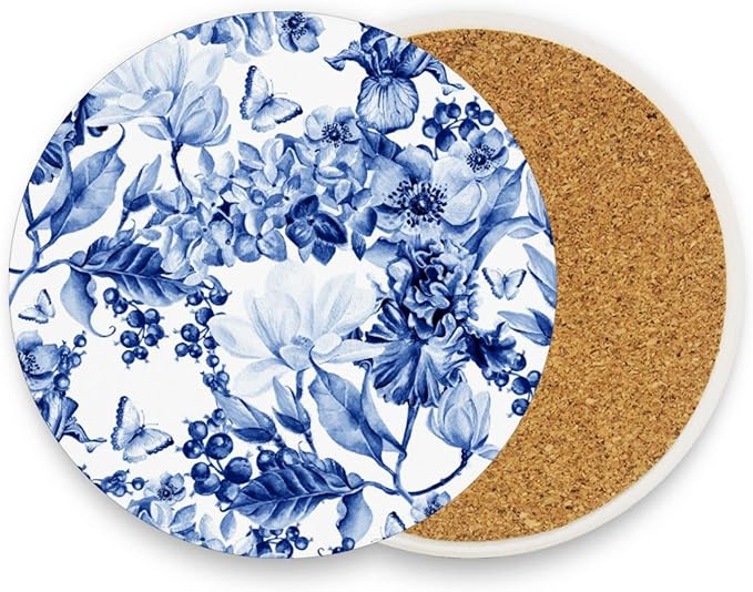 Coasters for Drinks Cup Coaster Mat Round Cups Cork Backing Pad for Coffee Table Desk Home Decor Blue White Flowers Butterfly