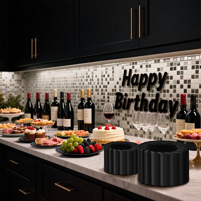 U-QE 60 Pcs Black Plastic Plates for Party – Black Plastic Disposable Heavy Duty – Include 30 10.25" Dinner & 30 7.25" Dessert Plate - Perfect for Parties, Weddings