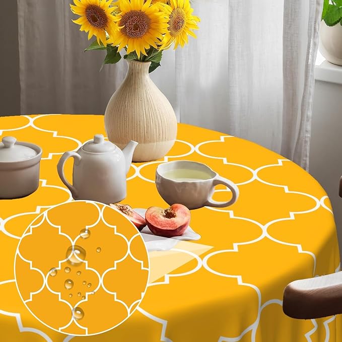 Laeacco 24 Inch Morocco Round Tablecloth Orange Geometric Lattice Modern Abstract Art Print Table Cloth Washable Waterproof Wrinkle Free Table Cover for Kitchen Dining Picnic Party Decoration