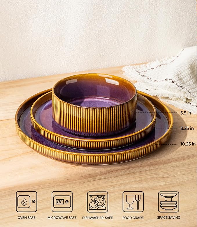 TheTerra Ceramic Dinnerware Sets for 4, 12 Pieces Porcelain Lightweight Plates and Bowls Sets, Scratch Resistant Dish Set, Oven & Microwave & Dishwasher Safe, Amber Amethyst