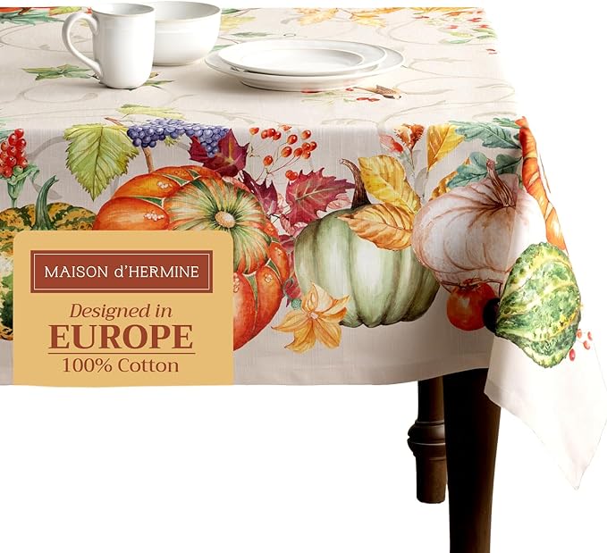 Maison d' Hermine Table Cloth Rectangle Table 100% Cotton 60 x 108 Inches Fall Tablecloth Reusable Everyday Use for Thanksgiving Christmas Decorations Dining Farmhouse Party (Lumina)