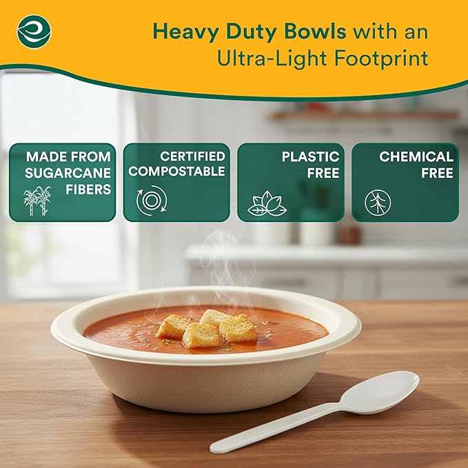 ECO SOUL 100% Compostable 16 Oz Soup Bowls [100-Pack] Disposable dessert bowls I Heavy duty paper bowl I Eco-friendly salad bowl I Biodegradable large Bowls
