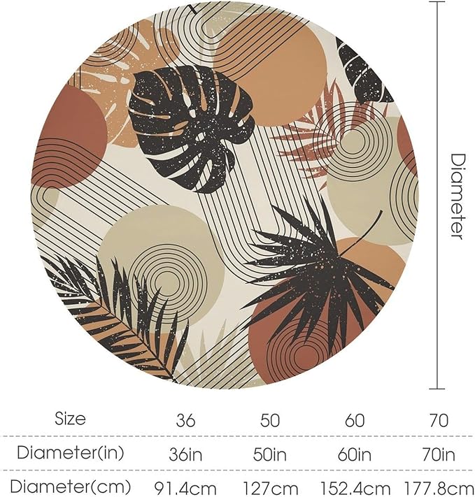 Boho Medieval Abstract Leaves Round Tablecloth, Mid Century Modern Bohemian Style Print Tablecloth for Home Party Dining Room Kitchen Decor 36Inch(90cm)