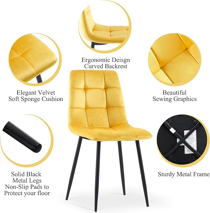 Modern Kitchen Table Set with 4 Chairs, Grey Faux Wood Table with Hooks, Upholstered Velvet Yellow Dining Chairs for Restaurant, Dining Room