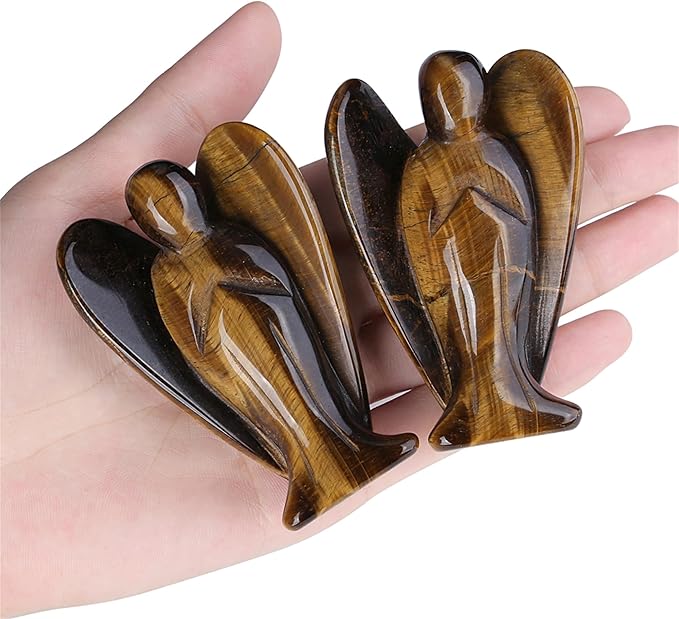 YATOJUZI 3" Tiger's Eye Angel Decor Big Hand-Carved Angels Guardian Sculpture Statue Figurines Natural Crystal Stones and Healing Crystals Cute Home Room Office Desk Decoration Wisdom Gifts for Women