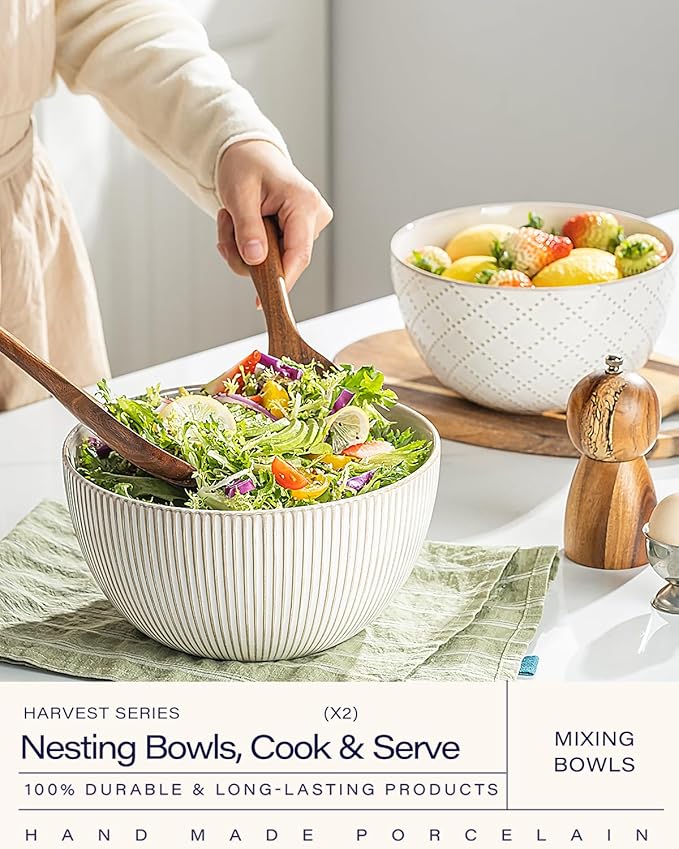 getstar Deep Ceramic Mixing Bowl Set of 2(8.7"/7.5"), 3&1.8 Qt Large Salad Serving Bowls Vintage Nesting Mixing Bowls for Cooking, Baking, Prepping, Microwave and Dishwasher Safe