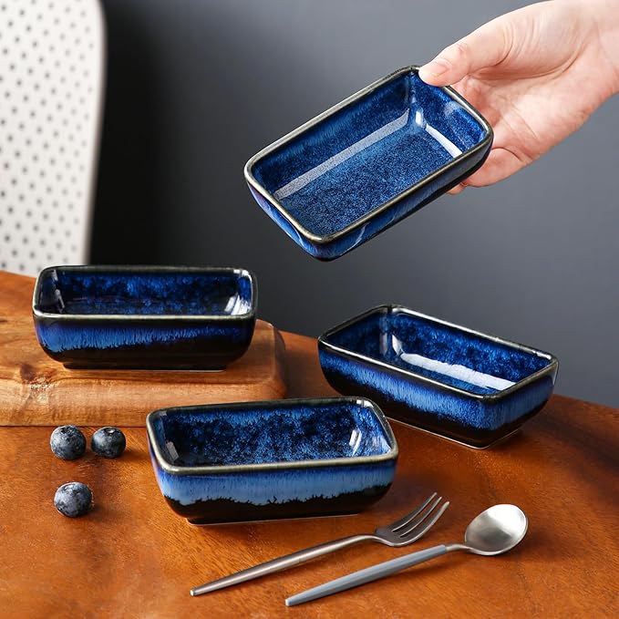 vancasso Stern 6 Oz Dipping Bowls, 4.5 Inches Ceramic Soy Sauce Dish, Rectangular Side Dishes, Small Appetizer Plates Set of 4