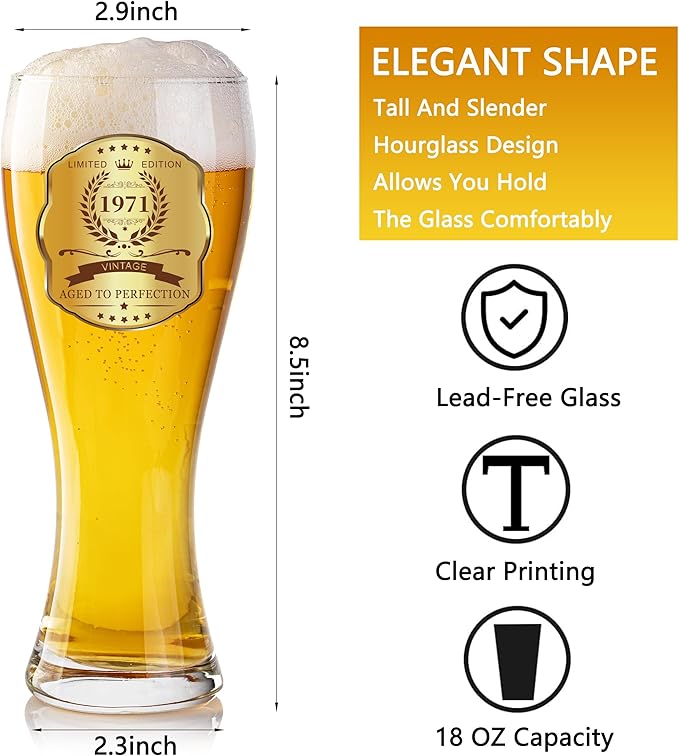 55th Birthday Beer Glasses Gifts, Personalized '1971' Vintage Glass Ware Set for Men, Black Gift Package with Drinking Glass, Coaster, and Card for 55 Years Old Man