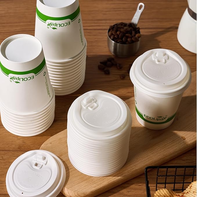 ECOLipak 200 Count 8 oz Compostable Paper Coffee Cups, Biodegradable Disposable Coffee Cups with CPLA Lid, Eco-friendly Hot Drinking Cups for Parties, Picnics, Travels,and Events