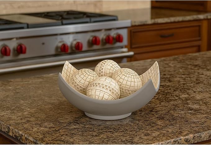 Seraphic 5pc Scoop Bowl Table Centerpieces for Dining Room, Large Decorative Bowls for Coffee Table Decor, Kitchen, Orbs/Balls Included, 14" diagonal. 11" wide and 5.75" tall, White
