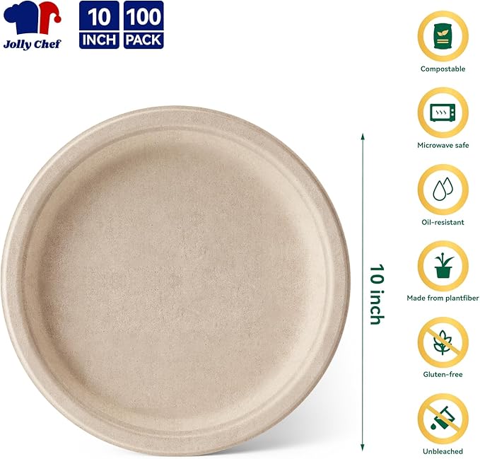 JOLLY CHEF Compostable Heavy Duty Plates 𝟭𝟬 𝗜𝗻𝗰𝗵 [𝟭𝟬𝟬 𝗣𝗮𝗰𝗸] Eco-Friendly Disposable Natural Paper Plate Bagasse Biodegradable Food Trays for Party Dinner Hot Cold Food Christmas (Brown)