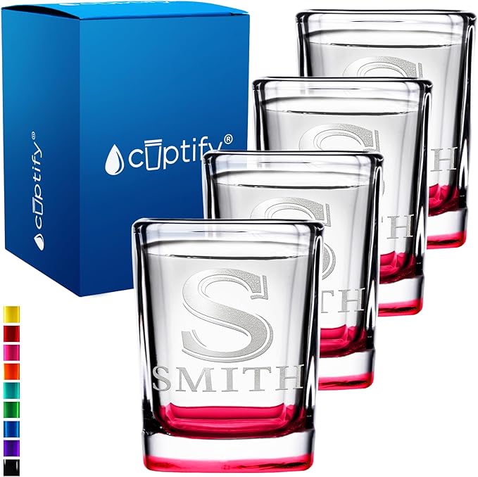 Personalized Shot Glasses Set of 4 Initial and Name 2oz Red Bottom Etched Square Shot Glass Engraved with Custom Text Birthday Gift for Men and Women