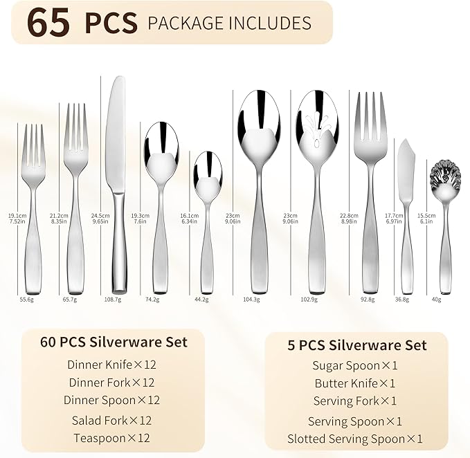 65-Piece 18/10 Stainless Steel Flatware Set for 12, Heavy Duty Silverware Set, Flatware Set with Serving Utensil, High End Mirror Polish and Satin Handle, Dishwasher Safe, Ideal for Gift