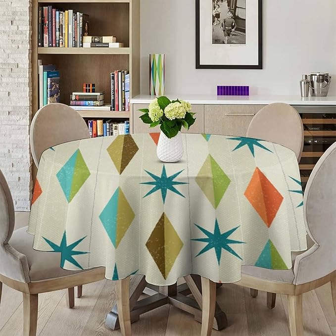 Mid Century Round Tablecloth, Modern Colorful Abstract Geometric Retro Art Printed Tablecloth for Home Party Dining Room Kitchen Decor 60Inch(152cm)