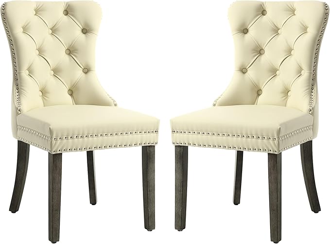 KCC Faux Leather Dining Chairs Set of 2, Upholstered High-end Tufted Dining Room Chair with Nailhead Back Ring Pull Trim Solid Wood Legs, Contemporary Nikki Collection Modern Style for Kitchen, Beige