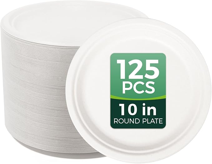 100% Compostable Plates - 125-Count Heavy Duty Disposable 10-Inch Plates Made of Bagasse - Eco-Friendly and Sustainable