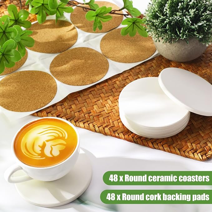 Zopeal 96 Pcs Ceramic Tiles for Crafts Coasters Include Unglazed White Ceramic Tiles with Cork Backing Pads Use with Alcohol Ink Acrylic Pouring for DIY Project Gift (Round)