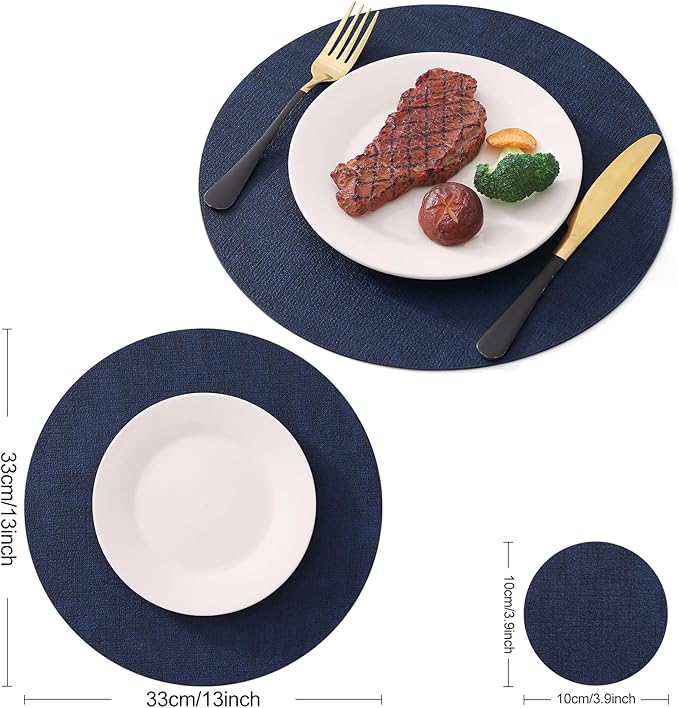 Homaxy Round Faux Leather Placemats and Coasters, Washable Dual-Side Table Mats, Wipeable Heat-Resistant Dining Place Mats for Outdoor and Indoor, Set of 12, Diameter 13 and 3.93 inch, Navy Blue