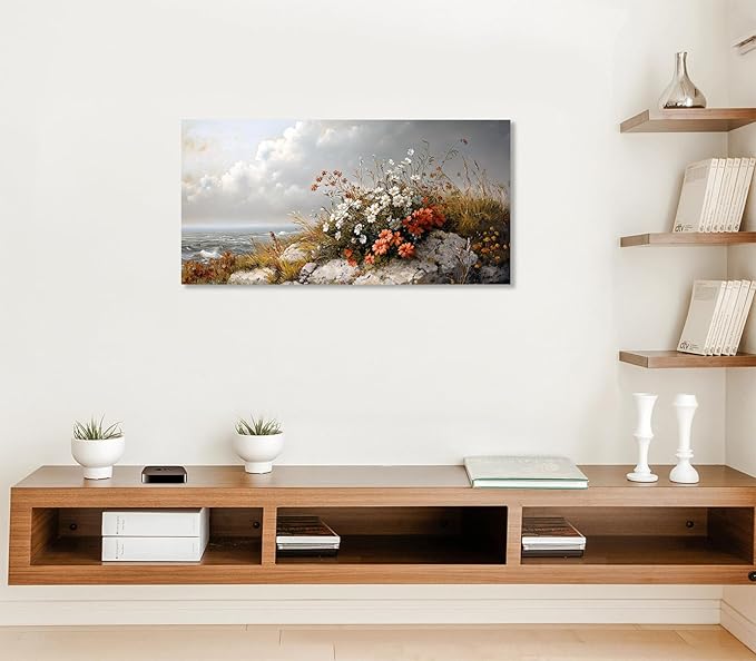 ADJUVANT Wall Art Vintage Coastal Floral Scene 60"L x 30"W, Seaside Wildflowers By The Ocean Canvas Painting Nature Artwork Coastal Blooms Prints Botanic Decor for Living Room Bedroom Bathroom Home Office