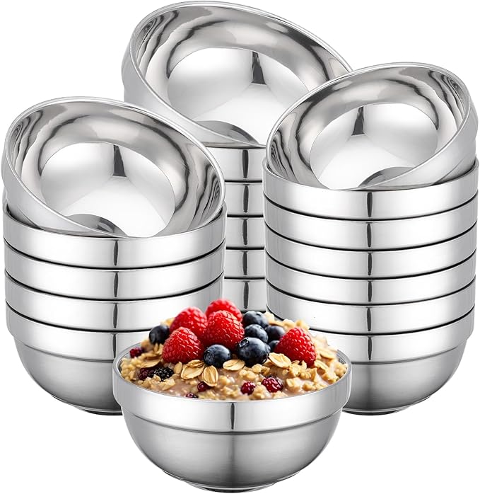 Stainless Steel Bowls Bulk, 20 Pack 5.1in 15.9oz 470ml Mini Small SUS304 Double Wall Insulated Stackable Metal Eating Bowl Containers for Restaurant Serving Snacks Ice Cream Soup Cereal Rice