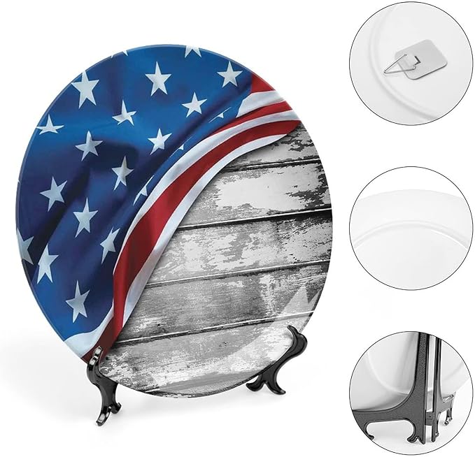 Ceramic Plates, American Flag Decor Decorative Ceramic Plates, Flag Over Antique Rustic Rippled Board, 8 Inch, for Dining, Parties, Wedding, Grey Navy