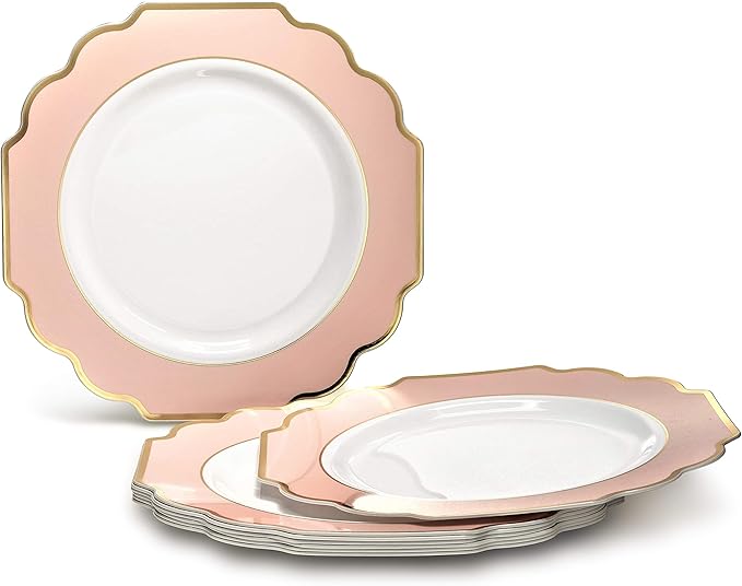 " OCCASIONS " 50 Plates Pack (25 Guests)-Heavyweight Wedding Party Disposable Plastic Plate Set -(25x10.5'' Dinner + 25x8'' Salad/Dessert) (Imperial in Blush Pink & Gold)