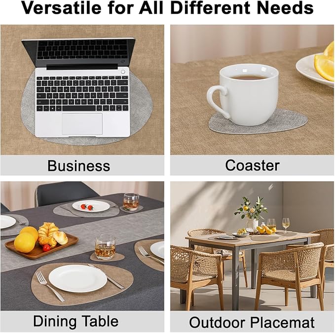 Placemats and Coasters, Washable Placemats Round Faux Leather Wipeable Place Mats Non Slip Heat Resistant Indoor Outdoor Table Mats (Set of 4, Light Gray Beige)