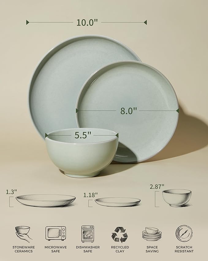 18 Piece Dinnerware Set for 6, Reactive Glaze Terracotta Plates and Bowls Set, Large Family-Sized Stoneware Dish Set for Gatherings, Chip and Scratch Resistant, Slate Green