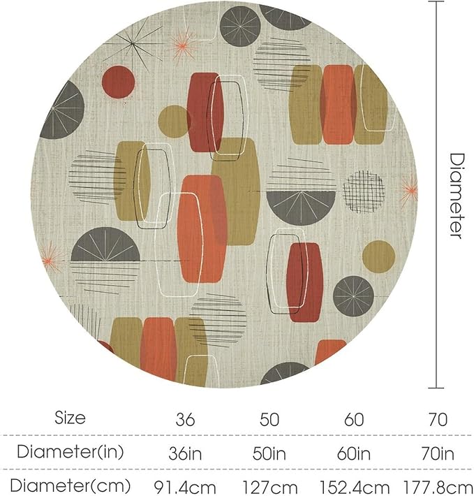 Retro Medieval Bohemian Round Tablecloth, Modern Mid Century Geometric Abstract Print Tablecloth for Home Party Dining Room Kitchen Decor 70Inch(178cm)
