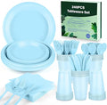 Kochorie 240 Pieces Light Blue Plastic Dinnerware Set Disposable Heavy Duty Plates Napkins Cups Silverware Dessert Dinner Plates for Birthday Wedding Baby Shower Party Supplies, Serves 30 Guests