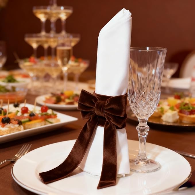 Bow Napkin Rings Set of 6 Luxury Soft Brown Velvet Napkin Holders, Elegant Bow Design for Christmas Holiday Dinner Wedding Party Table Decor