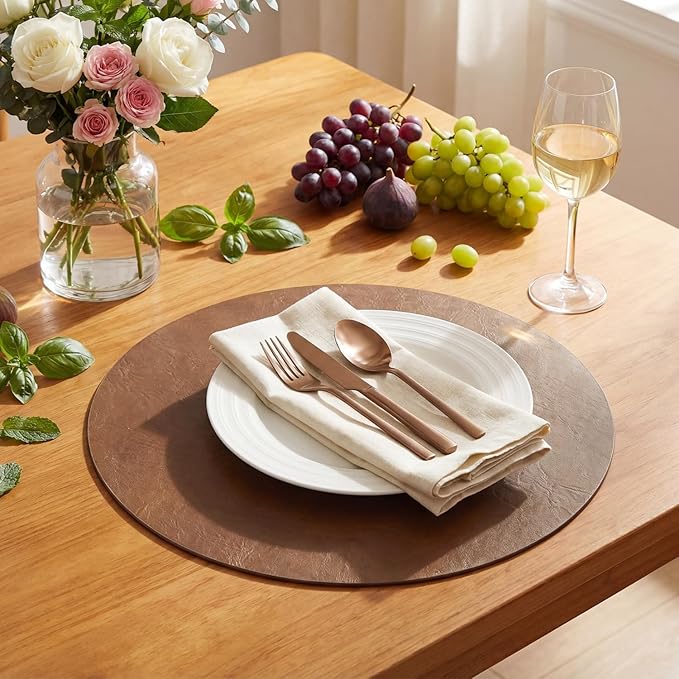 Artoid Mode Brown Faux Leather Placemats Set of 6, 15 Inch Waterproof Wipeable Heat Resistant Vinyl Place Mats, Reversible Table Mats for Kitchen Dining Decor