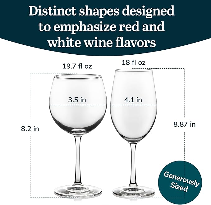 Libbey Vineyard Reserve Wine Glass Set of 12, Red and White Clear Wine Glasses, Merlot, Bordeaux, Chardonnay Gifts, Lead-Free Stemware Glasses