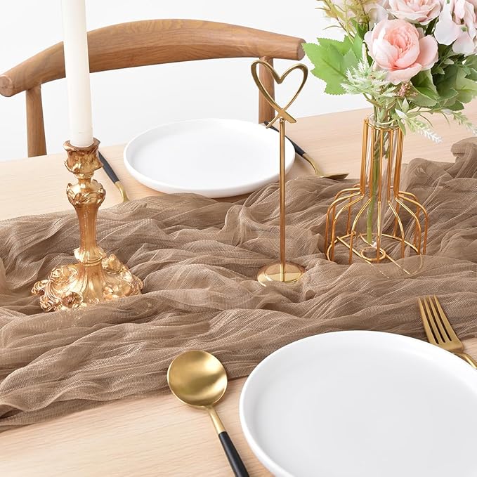 Joanlody Coffee Cheesecloth Table Runner Spring Easter 10Ft Rustic Gauze Boho Cheese Cloth Table Runner for Wedding Bridal Baby Shower Decoration 4 Pack