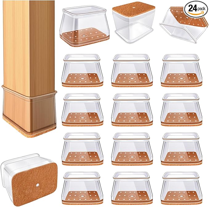 24 Pcs Chair Leg Floor Protectors for Hardwood Floors Rectangle Silicone Covers to Protect Wood Tile Floors Felt Pads Furniture Leg Caps Anti-Scratch Reduce Noise,(Fit L:1-1/2" to 2",W:3/4" to 1")
