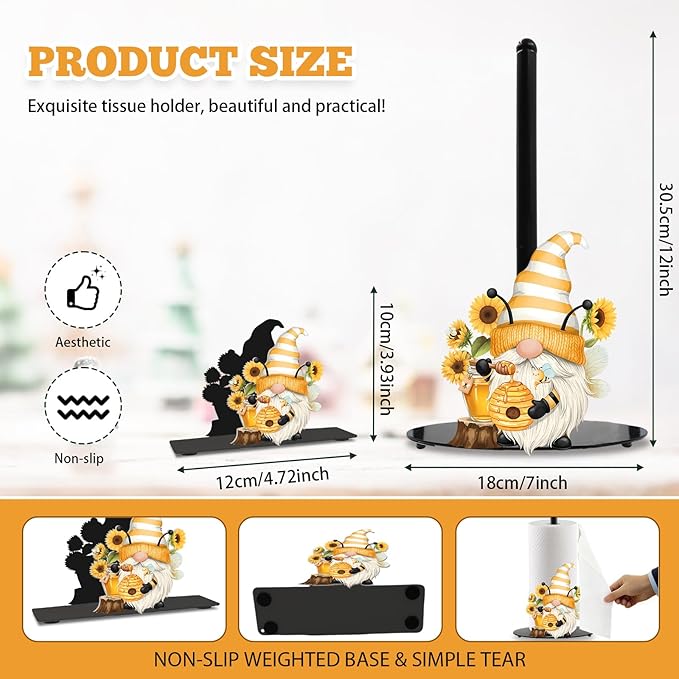 Sunflower Gnome Paper Towel Holder, Gnome Honey Bees Countertop Kitchen Decor Indoor with Round Base, Gnomes Lover Gifts, Iron Gnomes Napkin Holder Stand Accessories for Bathroom Kitchen Dining, 2 PCS