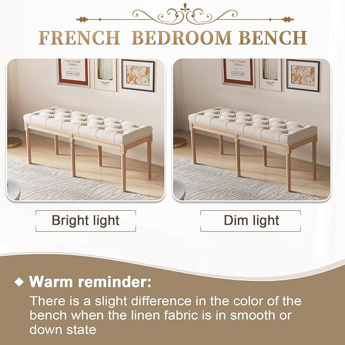 Bonzy Home 47” Bedroom Bench,French Vintage Tufted Entryway Benches Upholstered Dining Benches with Cushion,Linen Fabric End of Bed Bench for Bedroom Living Room Entryway,Beige