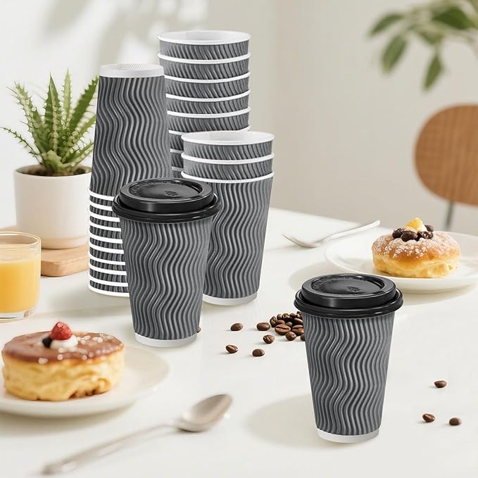 100 Pack 16 oz Disposable Coffee Cups with Lids, Insulated Ripple Wall To-Go Paper Coffee Cups Suitable for Chocolate Cocoa and Hot/Cold Drinks (Grey)