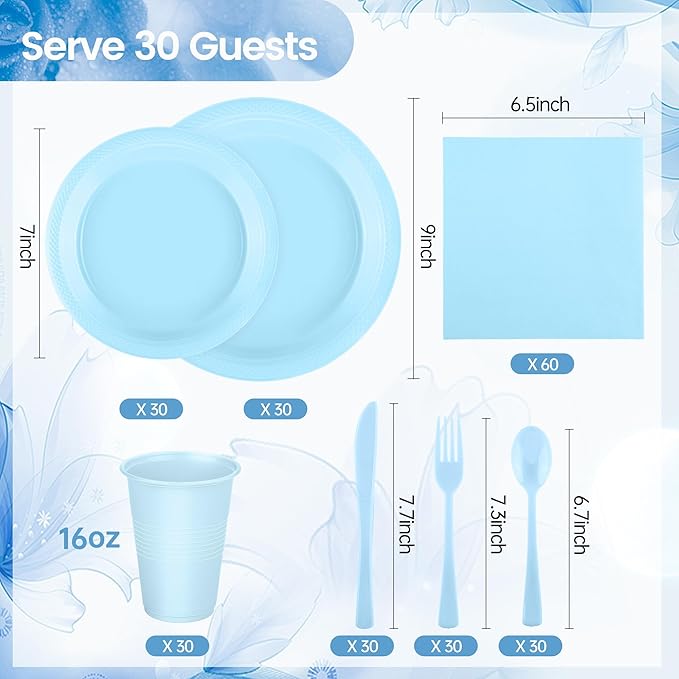 Kochorie 240 Pieces Light Blue Plastic Dinnerware Set Disposable Heavy Duty Plates Napkins Cups Silverware Dessert Dinner Plates for Birthday Wedding Baby Shower Party Supplies, Serves 30 Guests