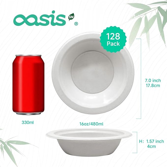 𝟭𝟲 𝗼𝘇, 𝟭𝟮𝟴-𝗣𝗮𝗰𝗸 Compostable Paper Bowls, Heavy-Duty Biodegradable Disposable Bowls Made from Bagasse, Eco-Friendly, Microwave & Freezer Safe (White)