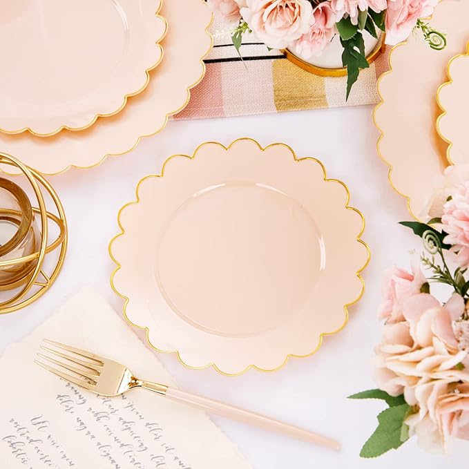 LIYH 60 Pcs Pink Plastic Plates with Gold Disposable Plates Includes: 30 Dinner 10.25" and 30 Dessert Plate 7.5" Gold Plastic Baby Shower Plate Set
