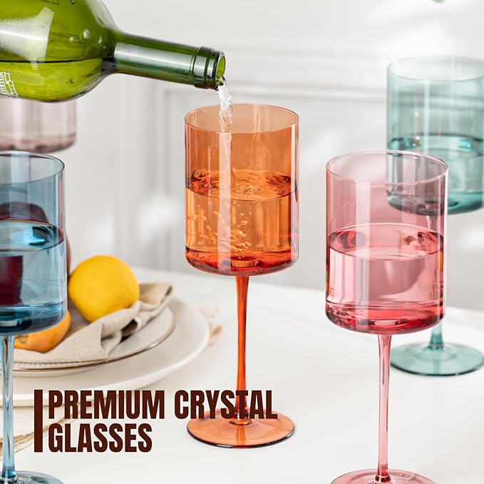 Chouggo Colored Square Wine Glasses Set of 6, Hand Blown Long Stem Premium Crystal White Red Wine Glass, Great Gifts for Wife & Mom, Wedding, Anniversary, Christmas, Birthday