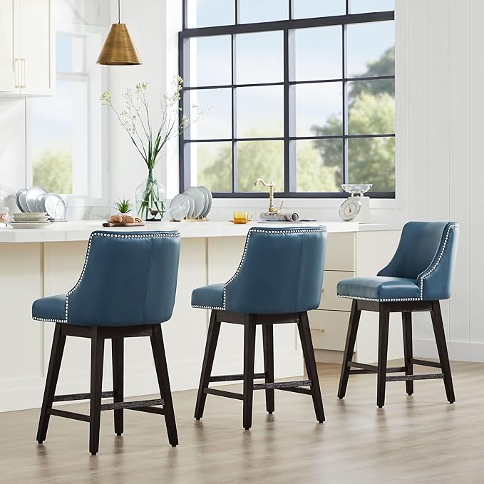 CHITA Counter Height Swivel Bar Stools Set of 3, FSC Certified Upholstered Counter Stools, Modern Swivel Barstools with Wood Legs for Kitchen Island, 26" Seat Height, Faux Leather in Blue