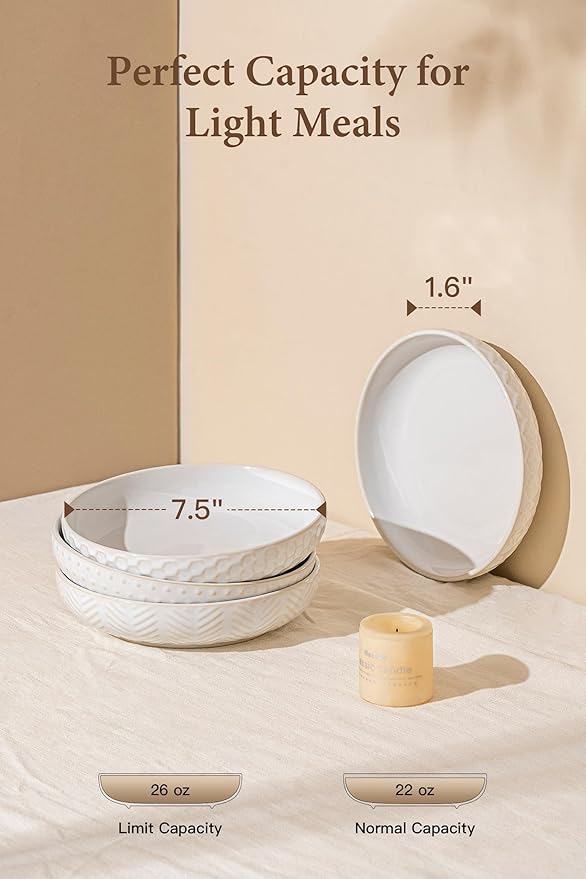 Embossed Ceramic Pasta Bowls Set of 4 – Medium 7.5-Inch, 26oz Serving Bowls for Pasta, Salad, Fruit – Stackable, Microwave & Dishwasher Safe – Great Gift for Housewarming or Everyday Use