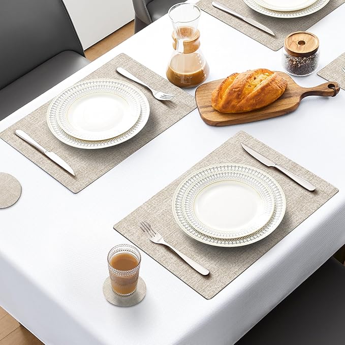 MOSAYT Faux Leather Placemats Set of 6, Heat Resistant Wipeable Washable Vinyl Place Mats with Coasters, Waterproof Oil Proof Table Mats for Kitchen Dining Party Indoor Outdoor, 12" x 17", Beige