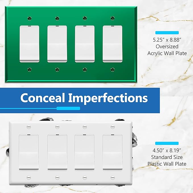 LIDER Reflective Acrylic Decorator Wall Plate, Mirrored Light Switch Plate, Plexiglass Outlet Cover, Acrylic Glass, Oversized 4-Gang 5.25" x 8.88", LWP-34O-AGR5P, Green, 5 Pack