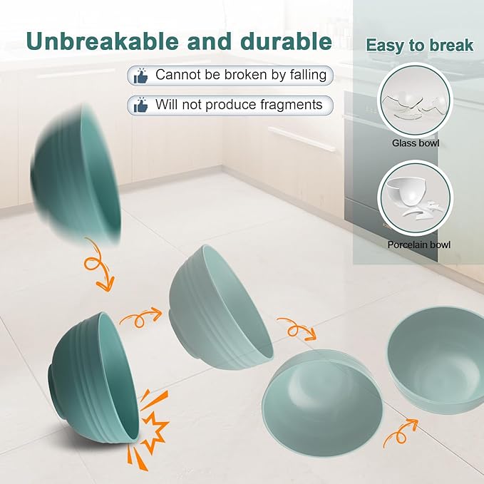 12 Pcs Unbreakable Cereal Bowls Set, 26 Oz Wheat Straw Bowls Set, Microwave & Dishwasher Safe Bowls for Kitchen, Reusable Plastic Bowls for Soup, Salad and Snack, BPA Free, Dark Green