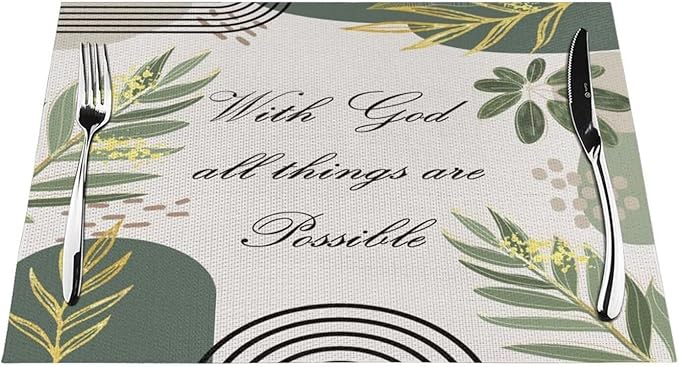 Bible Verse Christain Placemats Sage Green Boho Modern Scripture Inspirational Quotes Motivational Bohemian Washable Place Mats 12x18Inch for Dining Kitchen Farmhouse Decor 4 PCS