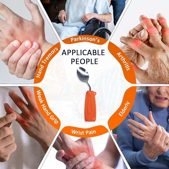 Adaptive Weighted Silverware Utensils Angled Spoon for Hand Tremors Parkinsons,Weighted Utensils with Non-Slip Easy Grip Handles for Independent Eating(Right Hand,Orange,Pack of 1)